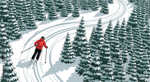 Cross-country skier gliding through a serene winter forest landscape Vector