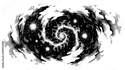 Hand drawn cosmic spiral galaxy with stars and swirling celestial nebula clouds