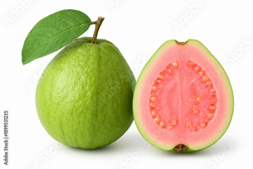 Wallpaper Mural Whole and half pink guava fruit with leaf on white Torontodigital.ca