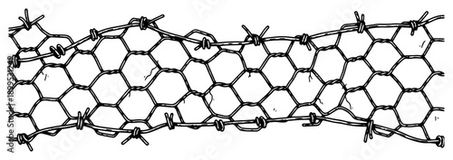 Horizontal border of hand drawn wire mesh fence with barbed wire detailing