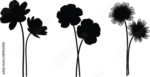 Black silhouette flowers with simple and sketched petals on white