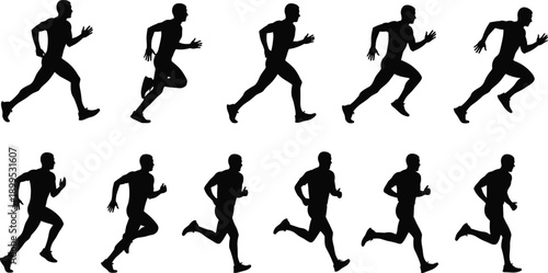 Running man silhouette sequence showing sprint jogging motion fitness exercise poses isolated on white background vector illustration