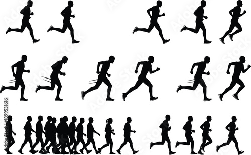 Running man silhouettes set, male runner jogging poses, speed motion sprint training, fitness sport vector isolated