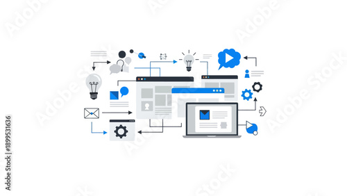 Digital network with interconnected icons and browser interface.
