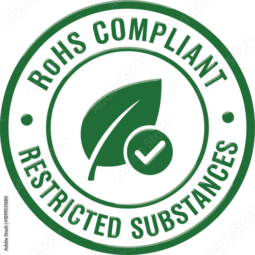 RoHS Compliant Badge Icon – Eco Friendly Certification, Restricted Substances, Green Leaf Checkmark Label