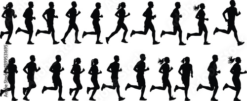 Running people silhouettes set, men and women jogging side view, fitness cardio training poses isolated