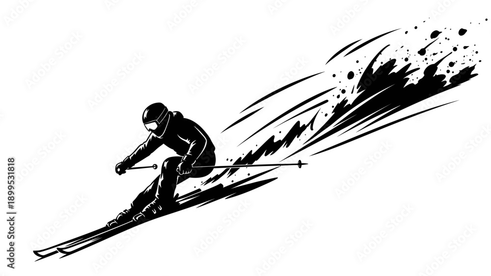 Αυτοκόλλητο Dynamic Black and White Illustration of a Skier in Action.
