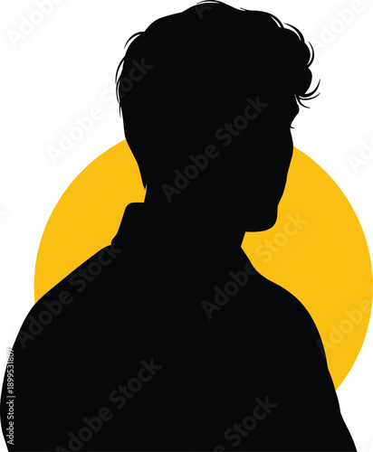 Black silhouette of a man's head and shoulders against a yellow circle