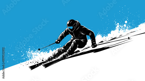 Dynamic Skier Descending Snow-Covered Slope with Speed and Agility.