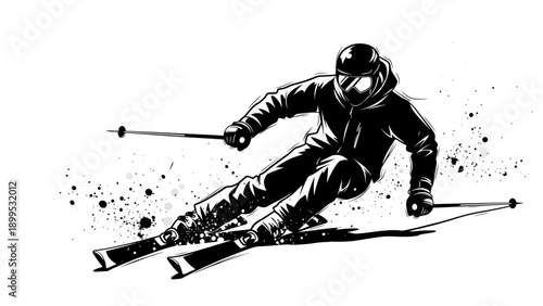 Dynamic Skier in Action Black and White Ink Splash Illustration.