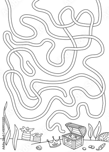 Underwater treasure maze graphic vertical black white sketch illustration vector 