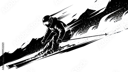 Dynamic Skier Descending Mountain Slope in High-Contrast Black and White.