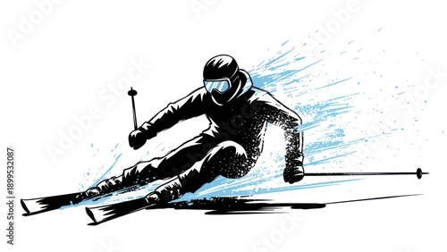 Dynamic Skier in Action with Snow Splatter.