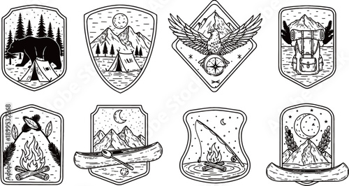 Eight black and white vintage outdoor adventure badges featuring bears, eagles, mountains, canoes, campfires, and tents.