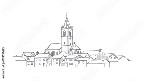 Hand drawn sketch of a charming European village with a prominent church tower.