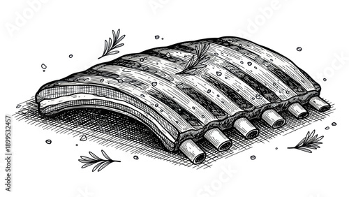 Hand Drawn Illustration of Delicious Rack of Pork Ribs.