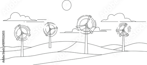 Four wind turbines on rolling hills under a sun and clouds windmill renewable energy