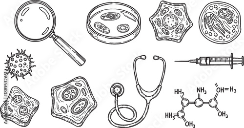 Hand-drawn sketch illustration of various scientific and medical research elements including cells, equipment, and chemical structures.