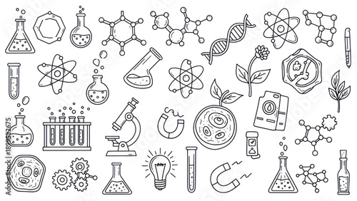 Hand-drawn Science and Chemistry Doodle Set with Laboratory Equipment and Molecular Structures.