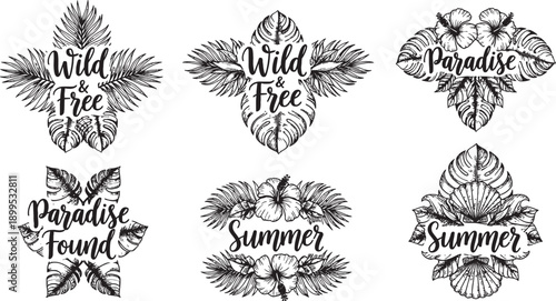 Set of six hand-drawn tropical summer badges with calligraphic text, featuring palm leaves, monstera leaves, and hibiscus flowers.