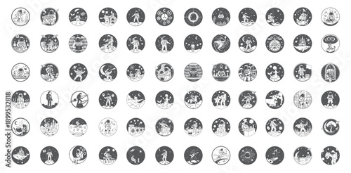 Astronaut adventures set, space explorer monochrome stipple icons