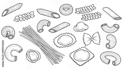 Hand-drawn sketch of various types of pasta, including spaghetti, penne, fusilli, and ravioli, showcasing Italian cuisine.