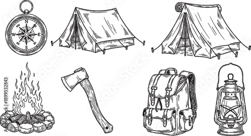 Hand-drawn sketch collection of camping and outdoor adventure equipment including tents, compass, axe, backpack, campfire, and lantern.