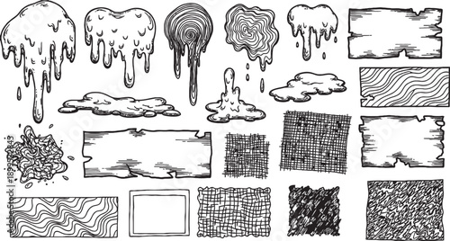 Collection of hand-drawn abstract textures and dripping liquid elements.