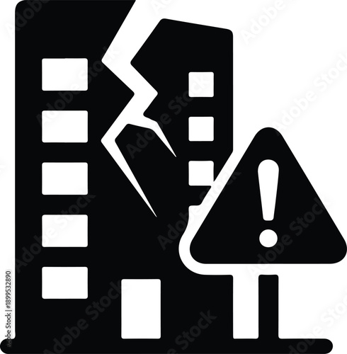 Damaged building silhouette with warning sign isolated on transparent background