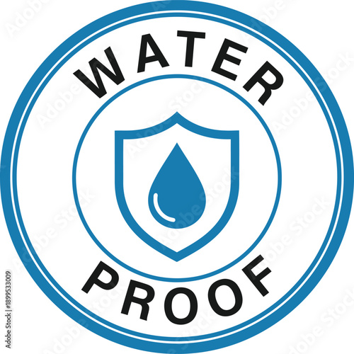 Waterproof Icon Badge with Shield and Water Drop Symbol for Product Packaging and Labels
