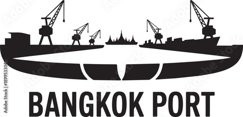 Bangkok port industrial scene silhouette with cranes ships and temple skyline