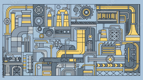 Intricate Industrial Machinery and Piping System Illustration.