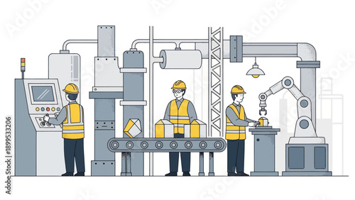 Modern automated factory production line with workers and robotic arm.