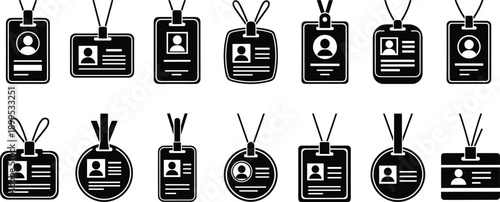 Black and white identification badge icons, professional ID card vector set, security access pass illustration, employee credentials design, lanyard badge collection