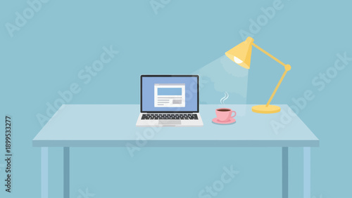 Modern Desk Setup With Laptop and Lamp.