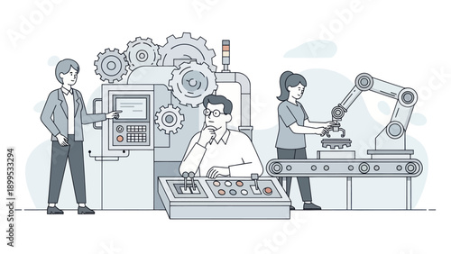 Modern Factory Automation with Robotic Arm and Control Panel.