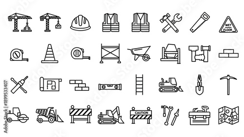 Construction tools and equipment icons.