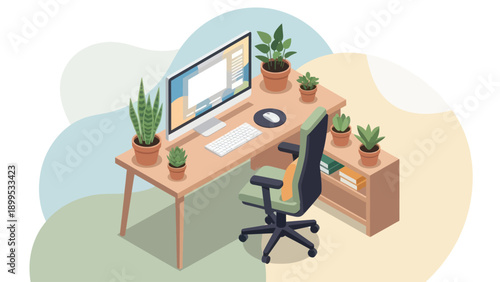 Modern Isometric Home Office Desk Setup with Plants.
