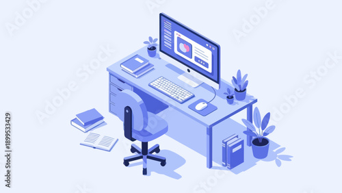 Modern Isometric Office Desk Setup with Computer and Chair.