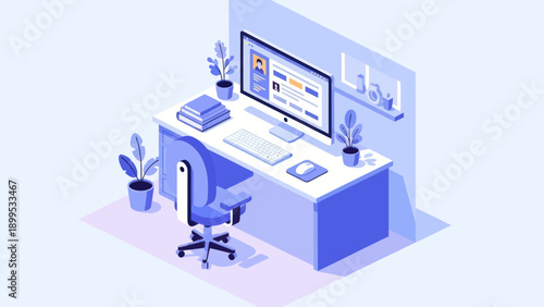 Modern Isometric Office Desk Setup with Computer and Plants.