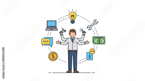 Multitasking Business Person With Many Hands Holding Various Objects.