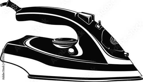 Black and white vector illustration of modern electric clothes iron, household appliance with steam control, water spray nozzle, sleek design, power cord visible