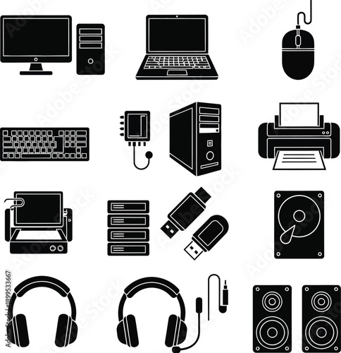 Computer Hardware Icons Set with Peripherals and Devices on White Background
