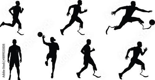 Silhouettes of athletes with prosthetic legs playing sports running jumping football