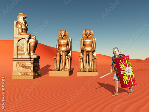 Römischer Legionär vor Statuen aus dem alten Ägypten in einer Sandwüste