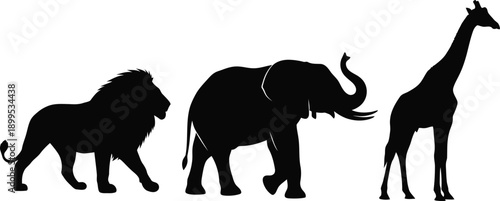 Lion, Elephant, and Giraffe Silhouettes Isolated on White Background