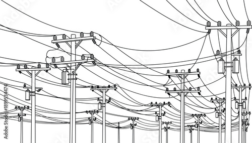 Dense network of utility poles, crisscrossing power lines, urban  cityscape drawing