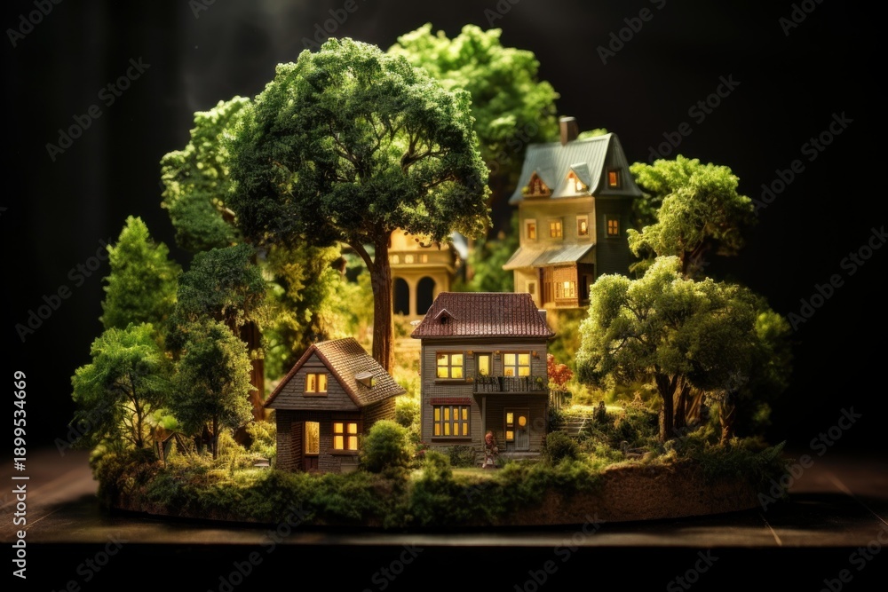 Fototapeta premium Miniature model village with tiny houses, lush trees, and warm lights on a dark background