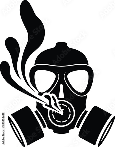 Black gas mask with smoke coming out, isolated on transparent background