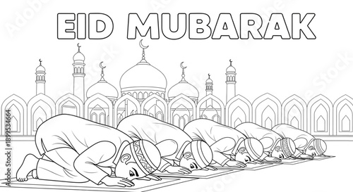 Eid Mubarak Coloring Page for Muslim Kids. Men Praying in Mosque, Islamic Holiday Celebration Activity